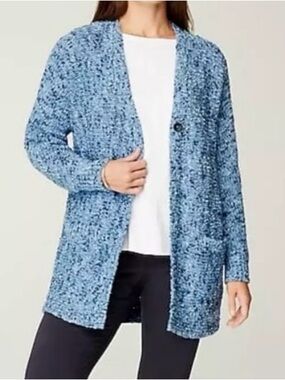 J. Jill Utopia Chunky Knit Cardigan Sweater Patch Pocket Blue Petite Large